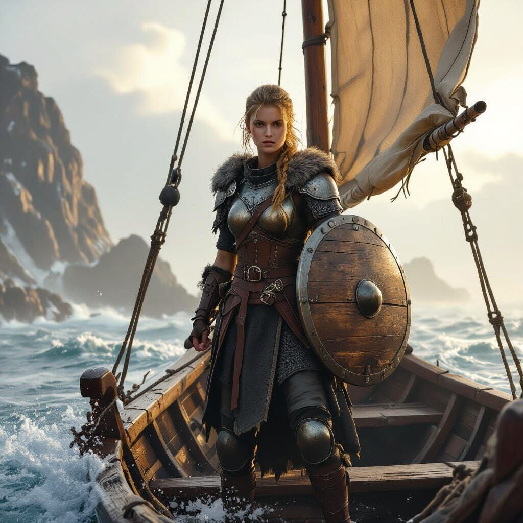 Nordic Shield-Maiden on Longship in Ultra-Realistic Style