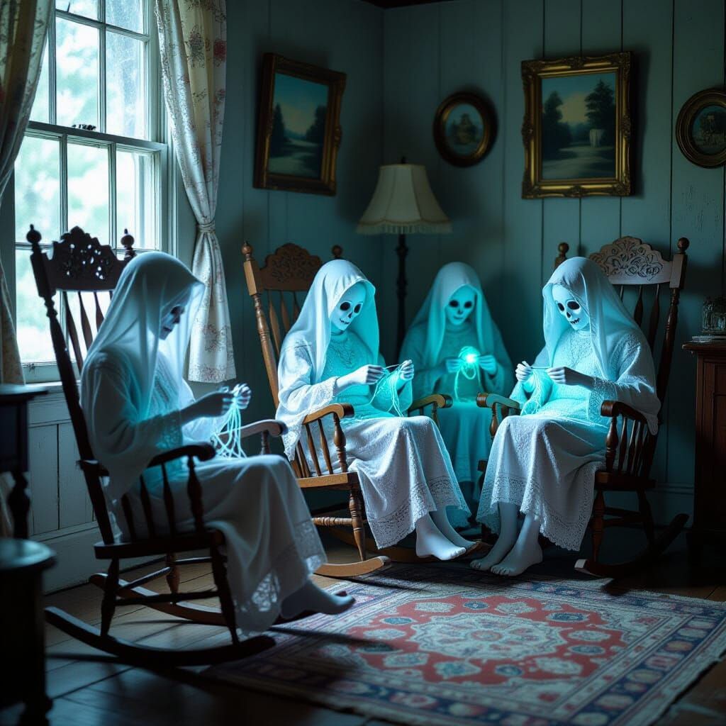 Ethereal Ghosts Knitting in Vintage Room, Whimsical Art