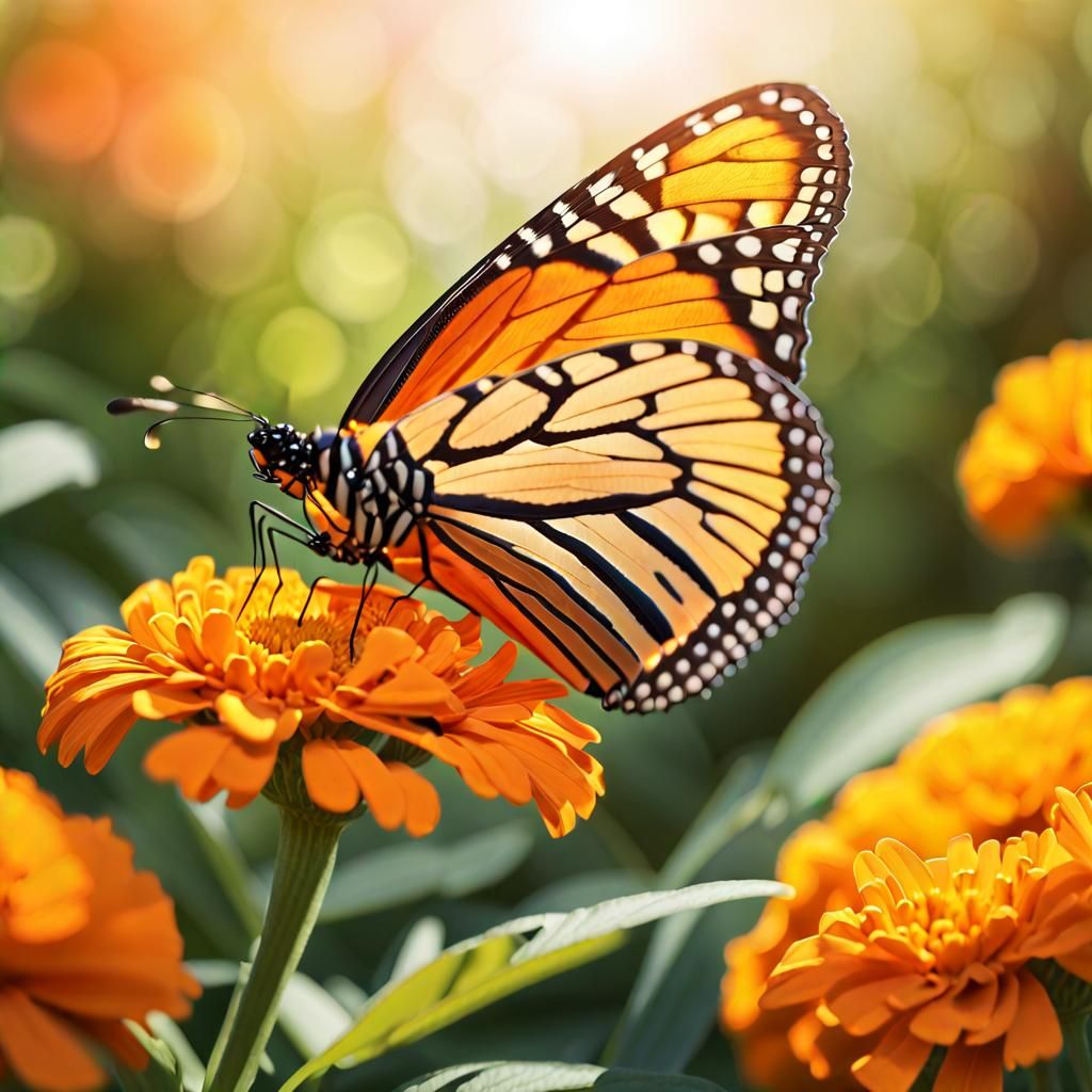Monarch Butterfly on Marigold in Hyper-Realistic Style