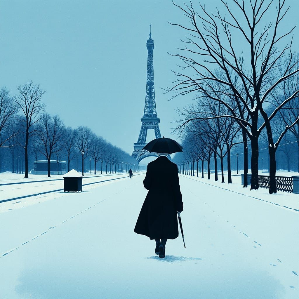 Snowy Parisian Landscape in Ukiyo-e Style