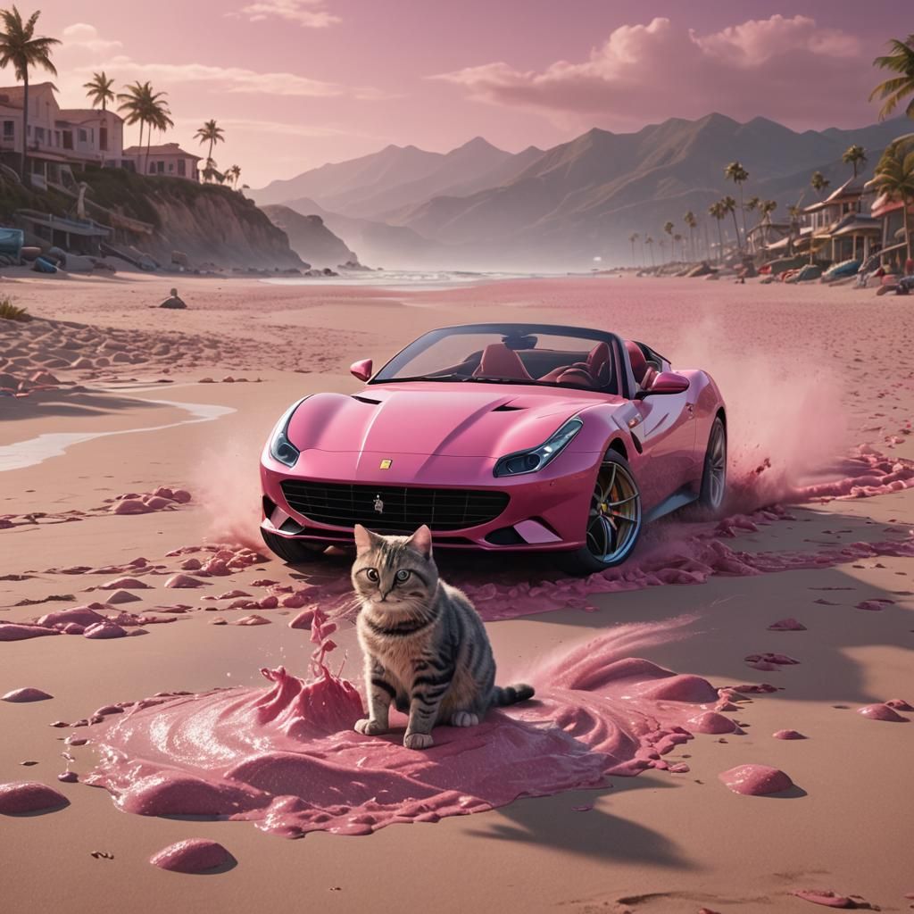 Pink Cat Rides Ferrari on Beach, Hyperrealistic Art
