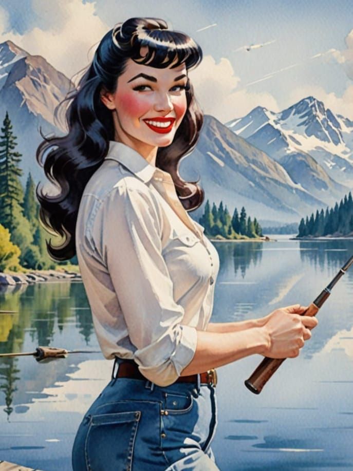 Bettie Page Fishing on a Mountain Lake