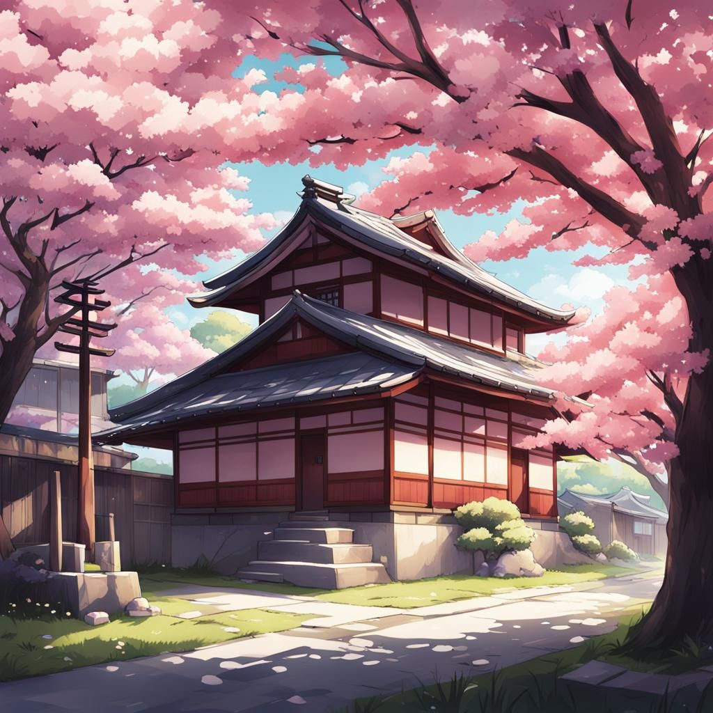 Japanese House Surrounded by Cherry Blossoms in Anime Style