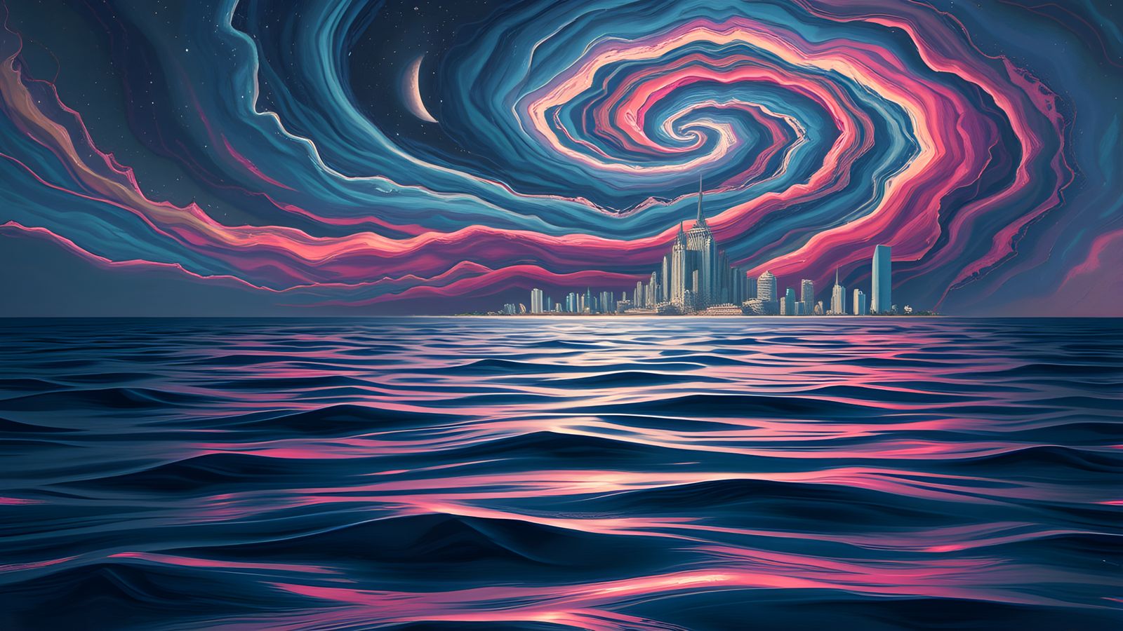 Chrome Ocean Reflects Cosmic Nightmare: Seascape in Oil