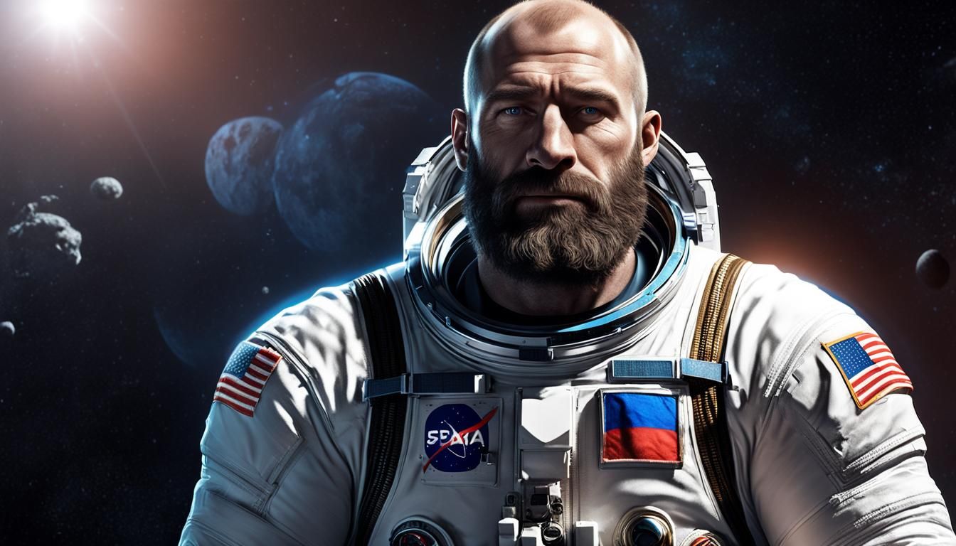 Muscular Russian Astronaut in Space with Flag