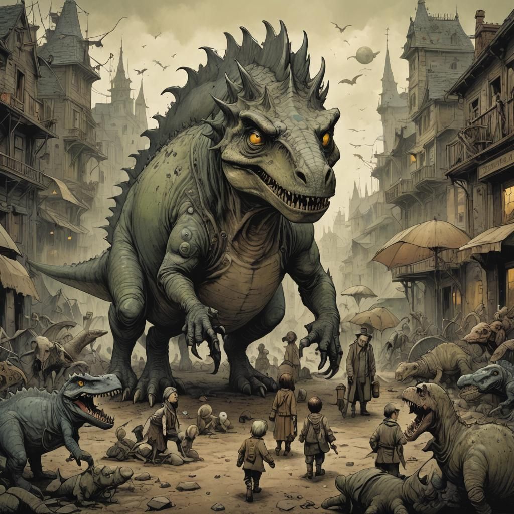 Dinosaur in Dystopian Horror Landscape