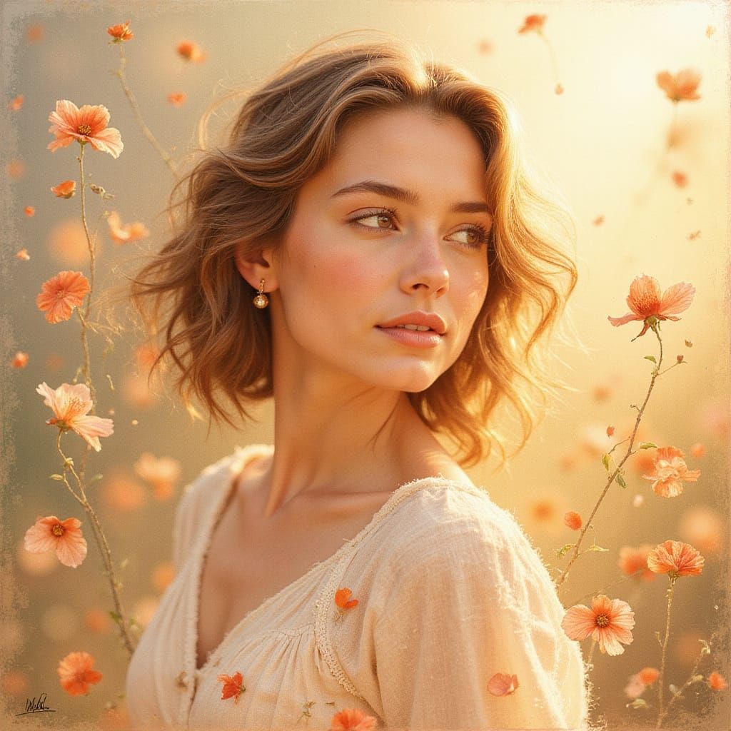 A Woman in Gentle Light with Delicate Petals