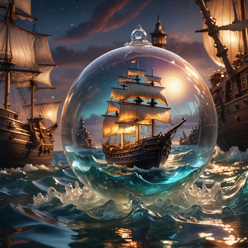 Ship in a Bottle with Sparkling Orb: Fantasy Art
