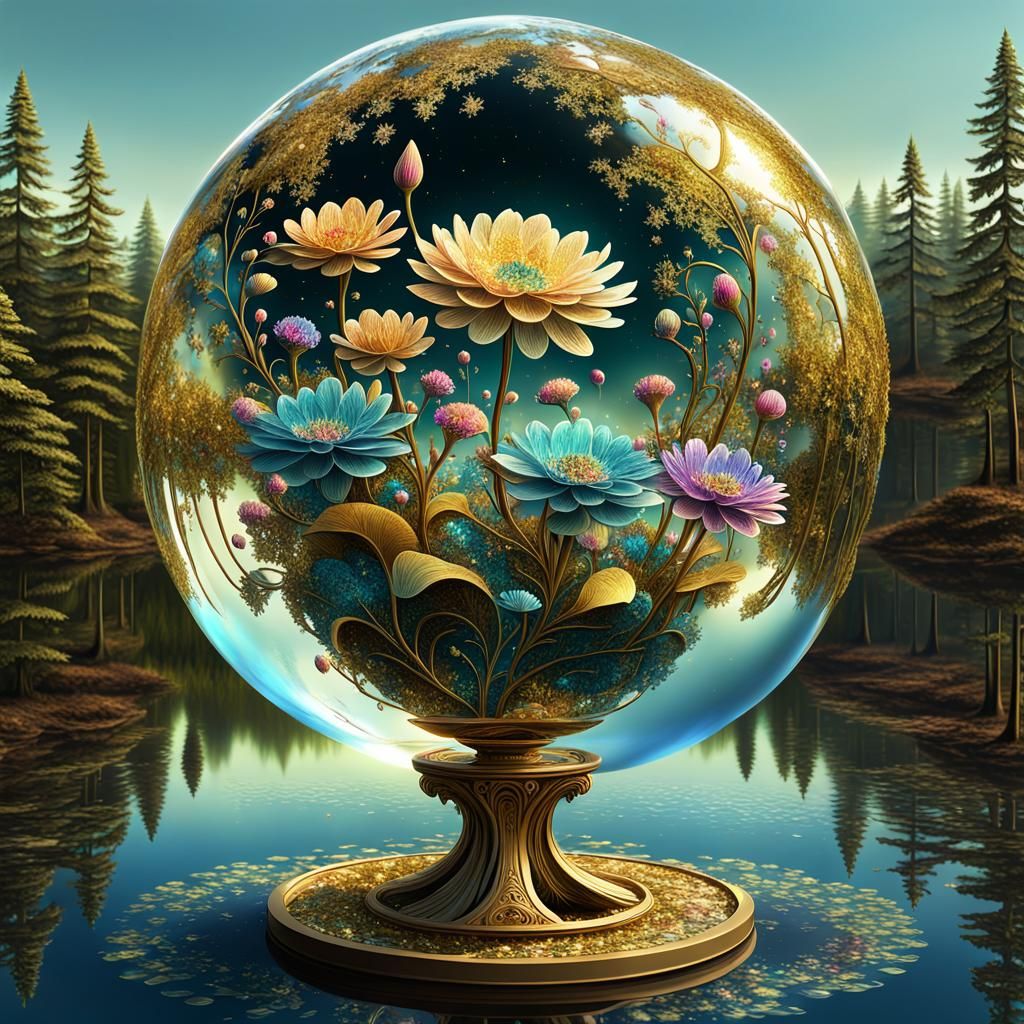 Fractal Flowers in Glass Globe on Lake