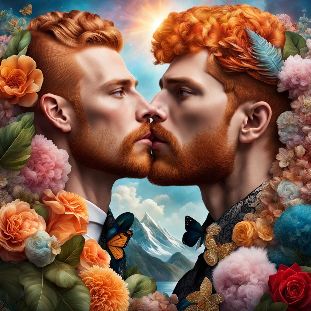 Hyperreal Kissing Ginger Men with Flowers and Jewels