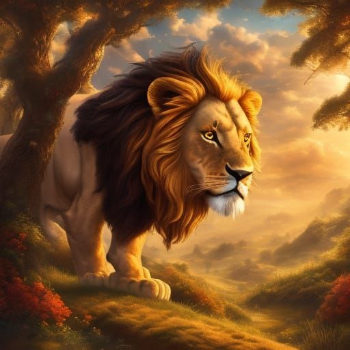Aslan in Narnia fantasy biblical. <lora:Cosmic Landscapes:1....
