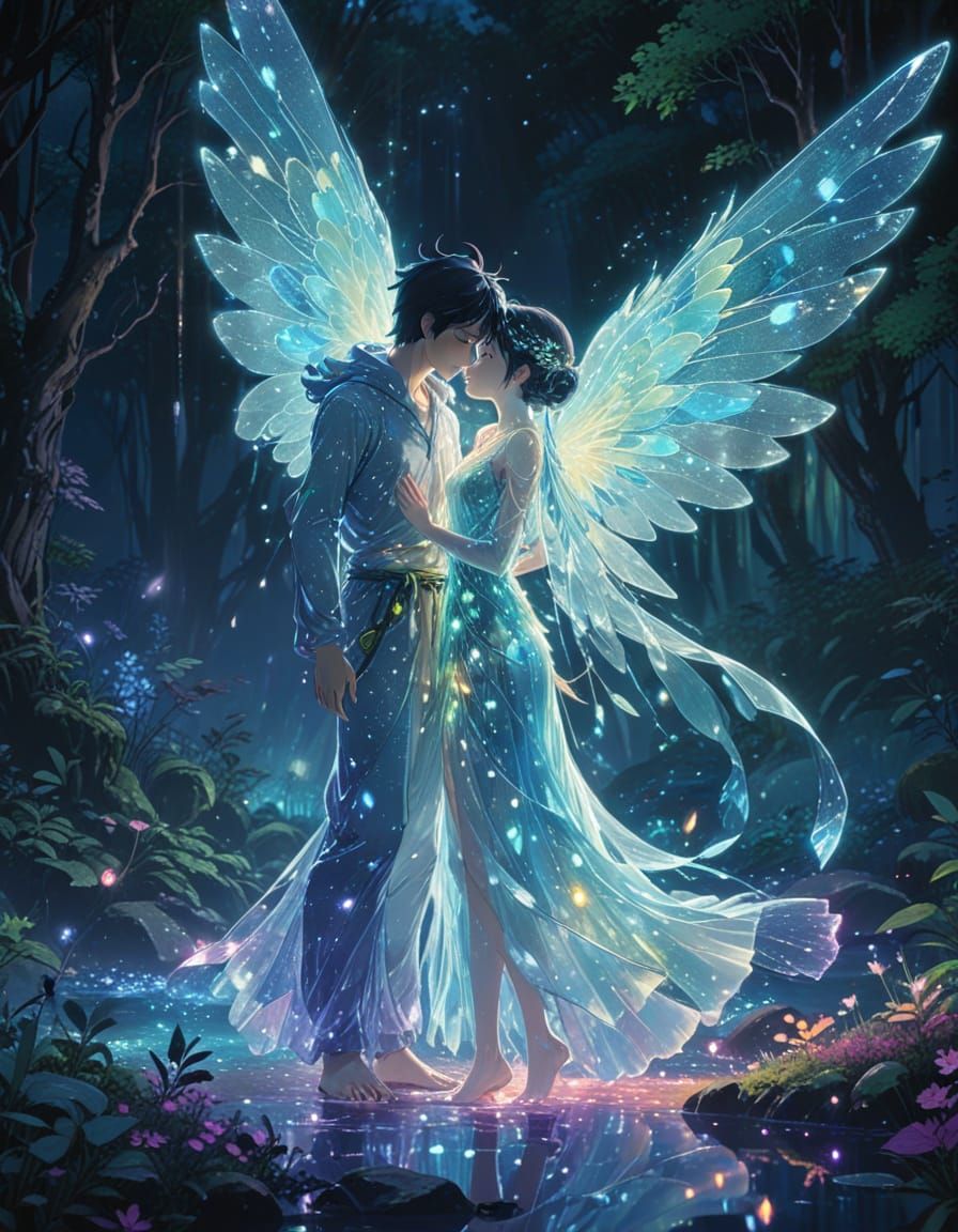Enchanted Moonlit Fairy Couple in Vibrant, Dreamy Forest
