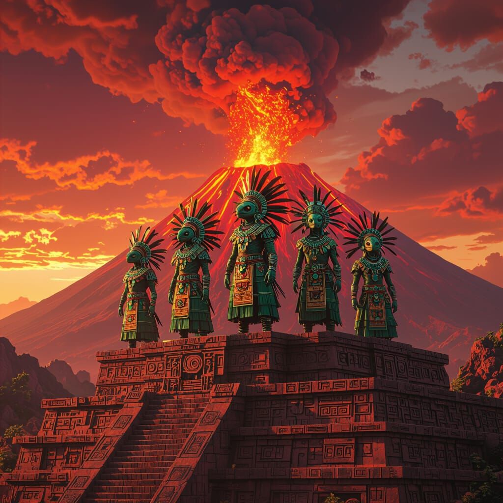 Reptilian Aliens in Aztec Costumes Overlooking Volcano