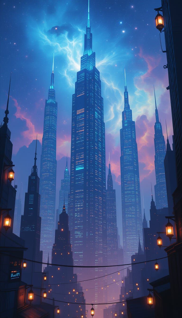 Alien Cityscape: Crystalline Skyscrapers in Nebula Sky