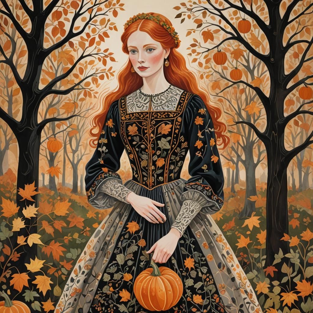 Redhead Woman with Pumpkin in Folk Art Style