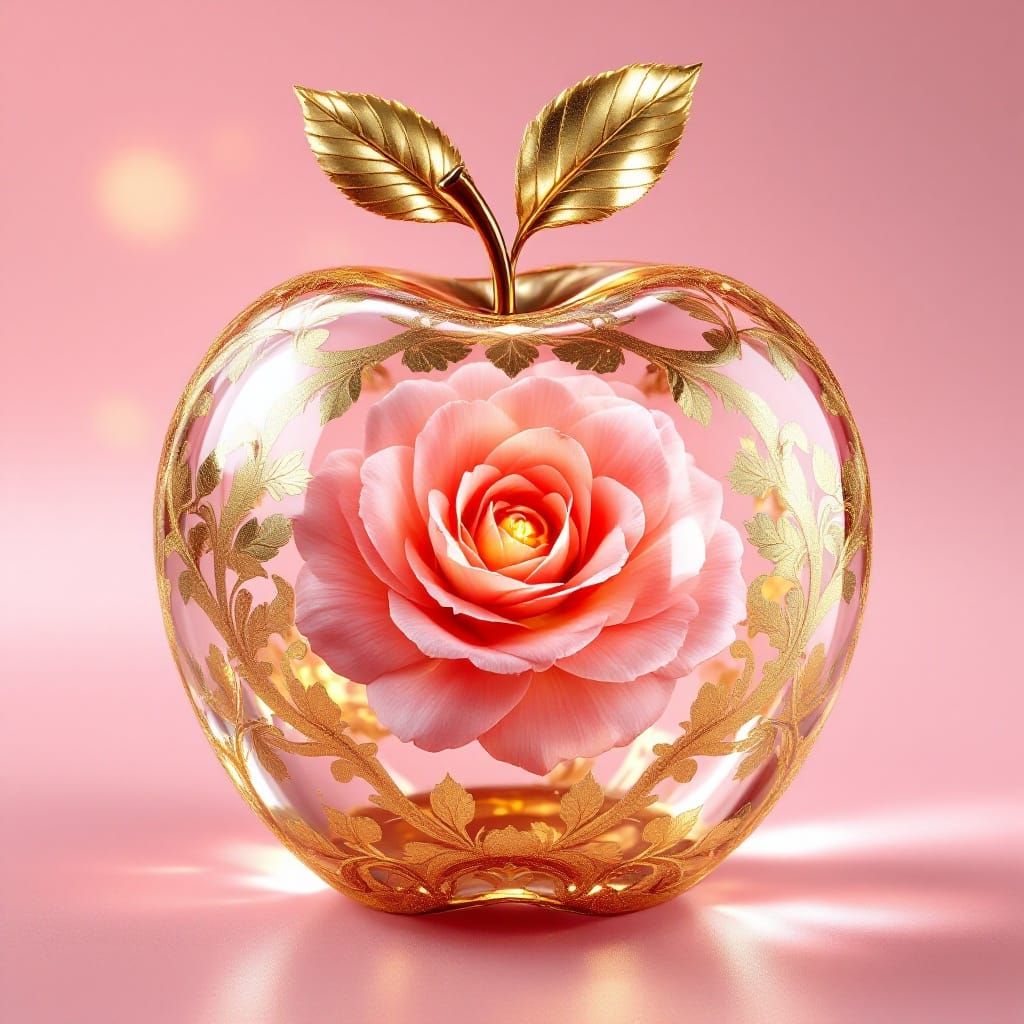 Golden Glass Apple in Soft Pink Light