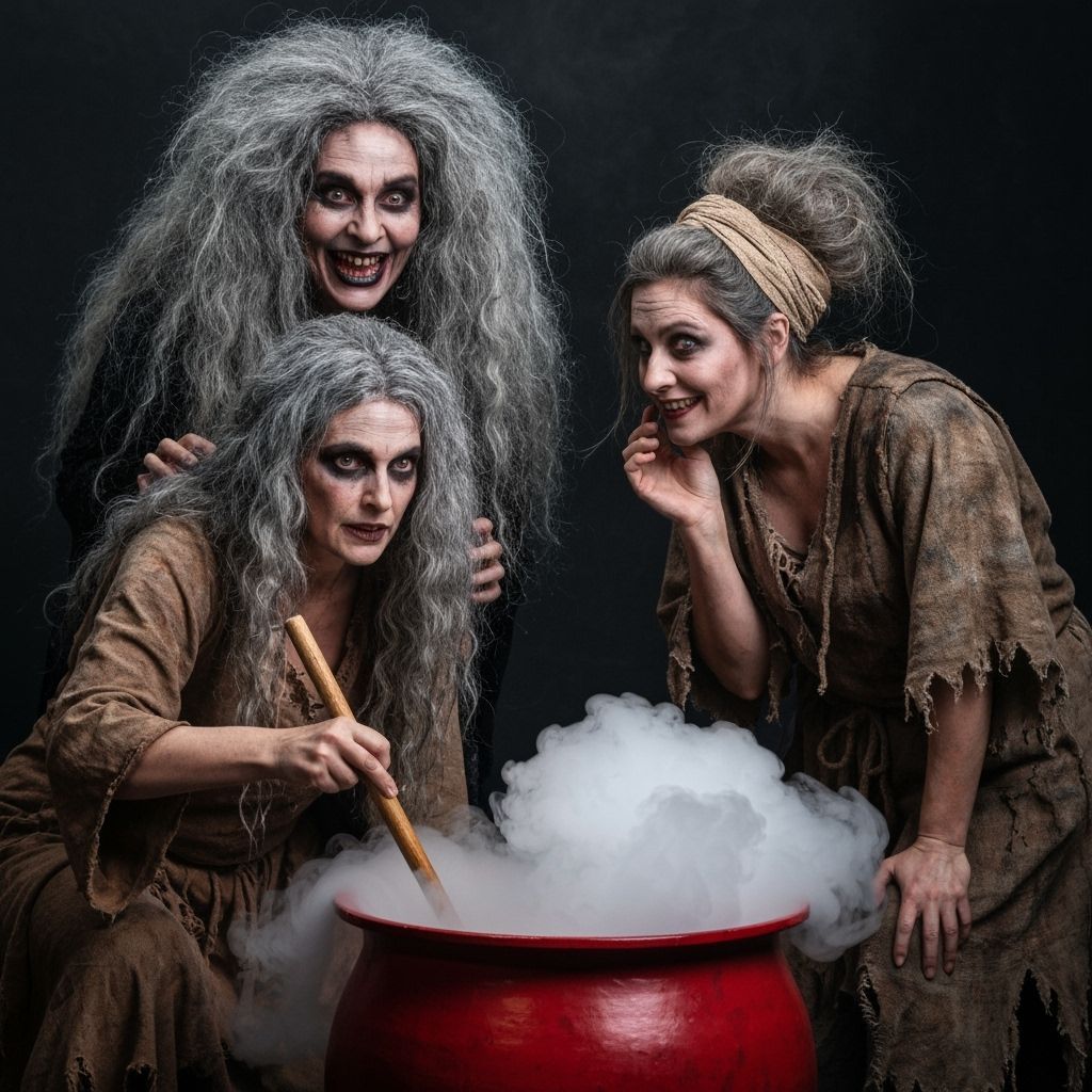 Three Witches Stirring Cauldron in Theatrical Macbeth Settin...