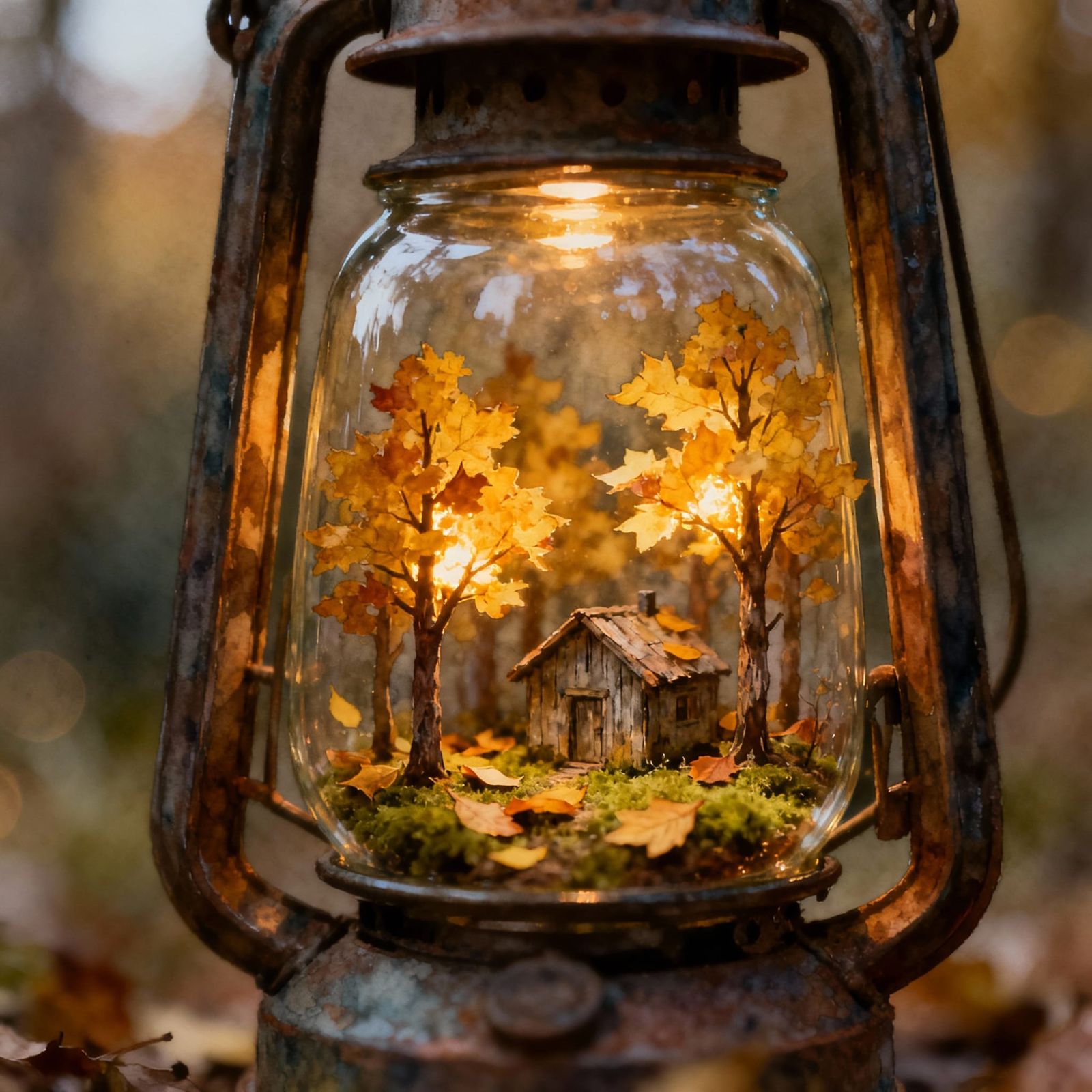 Autumn Forest in Lantern: Miniature World with Cozy Cabin