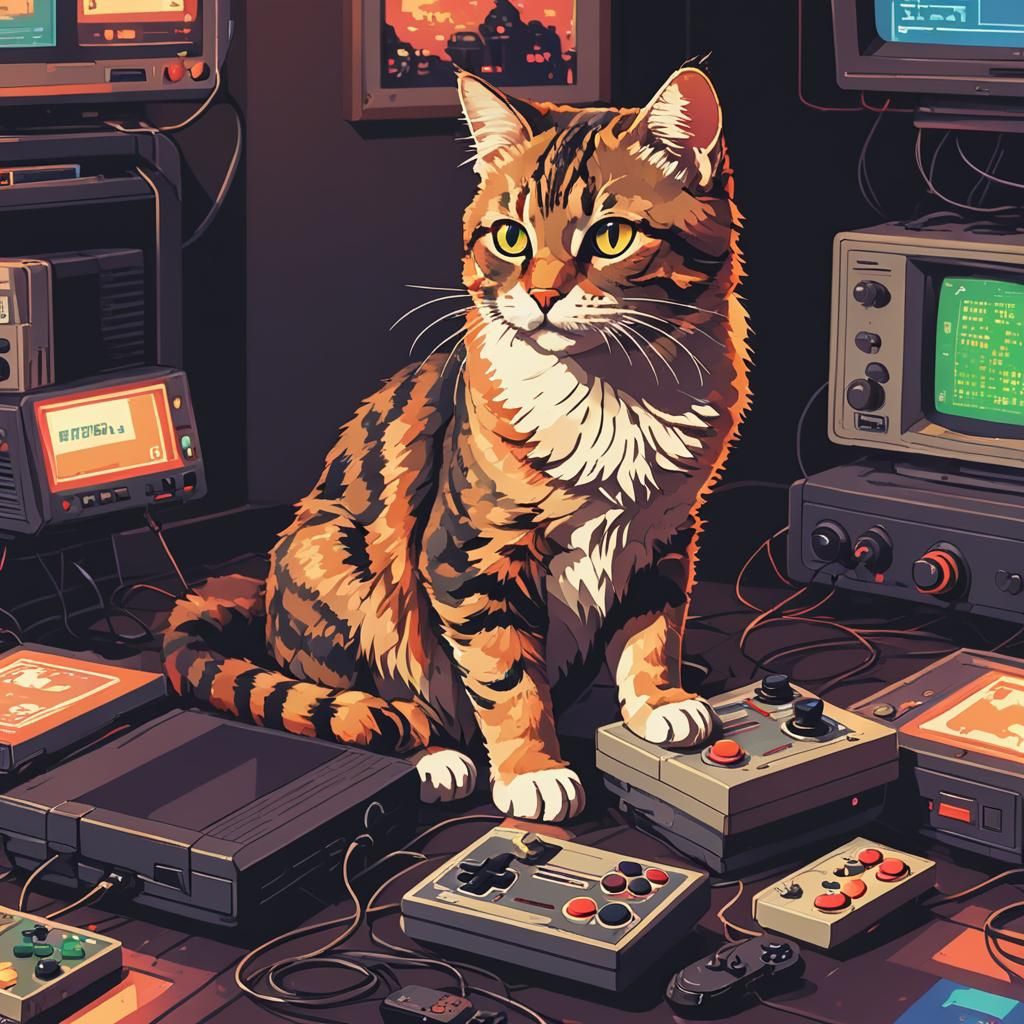 Pixel Art Cat Gaming on Retro Console