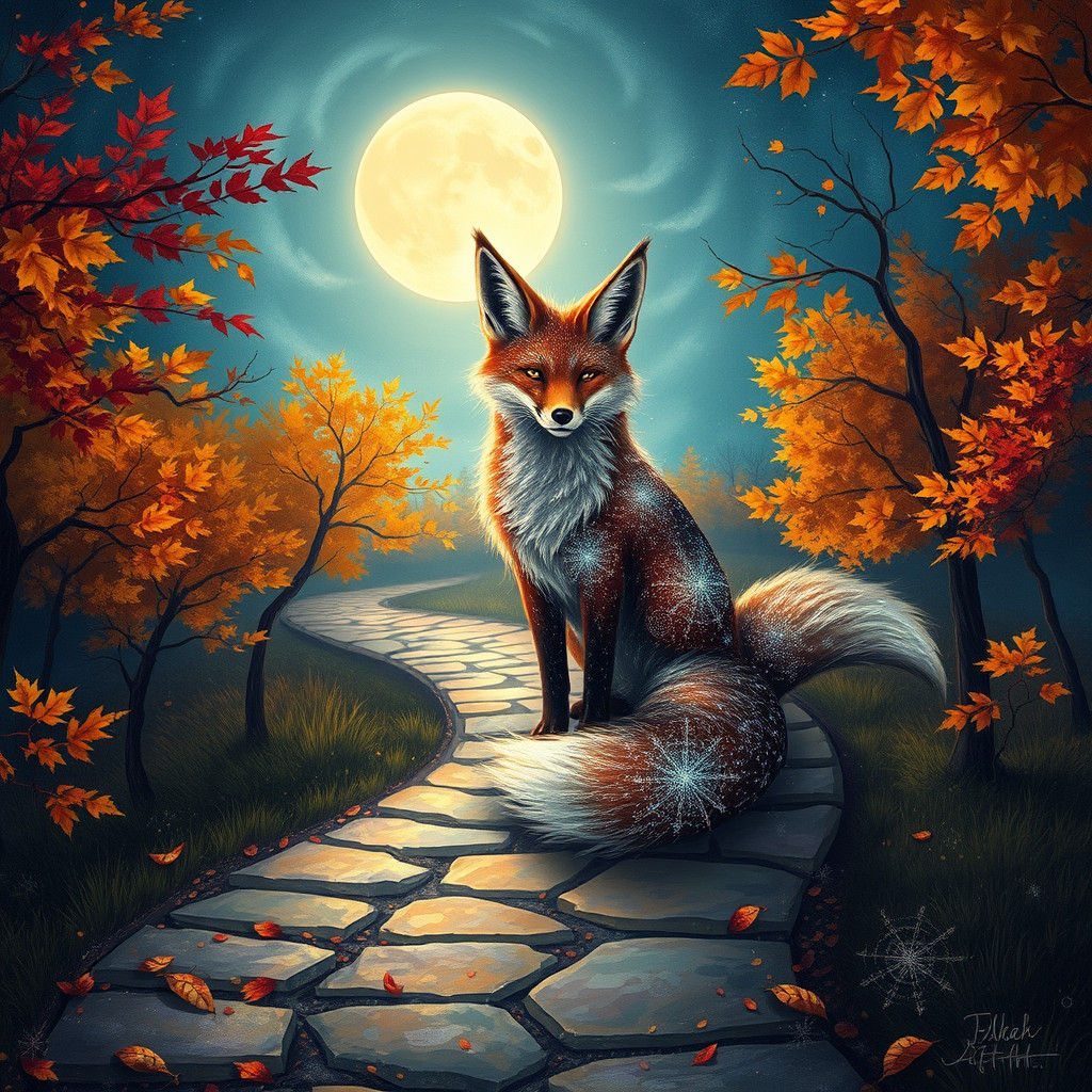 Mystical Nine-Tailed Fox in Autumn Landscape