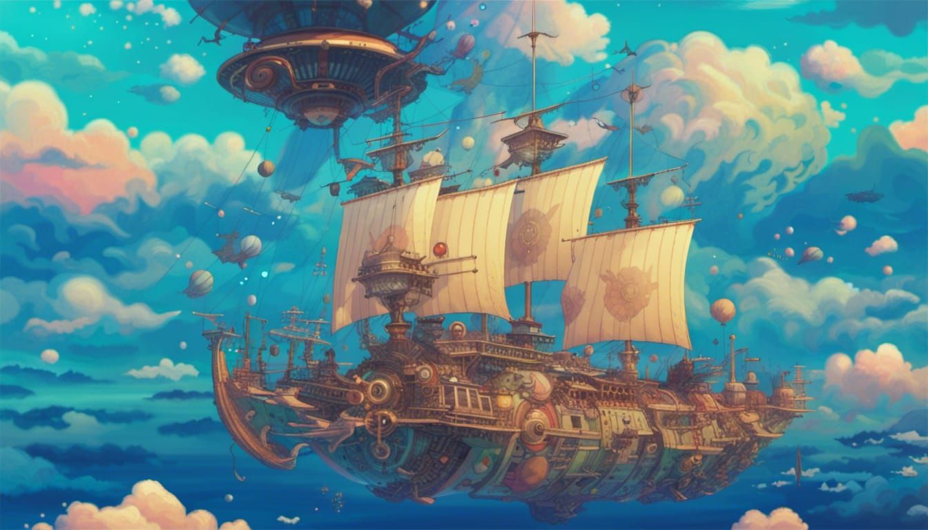 a steampunk ship in the sky above the sea y by takashi murakami,, beeple and james jean, aya takano color style, 4 k, su...
