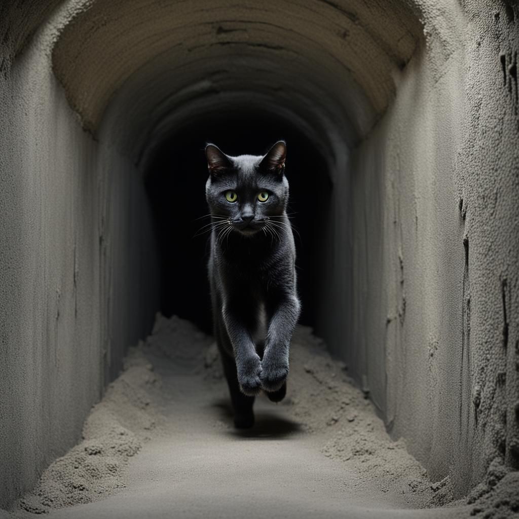 Humanoid Cat Walks Through Concrete Tunnel