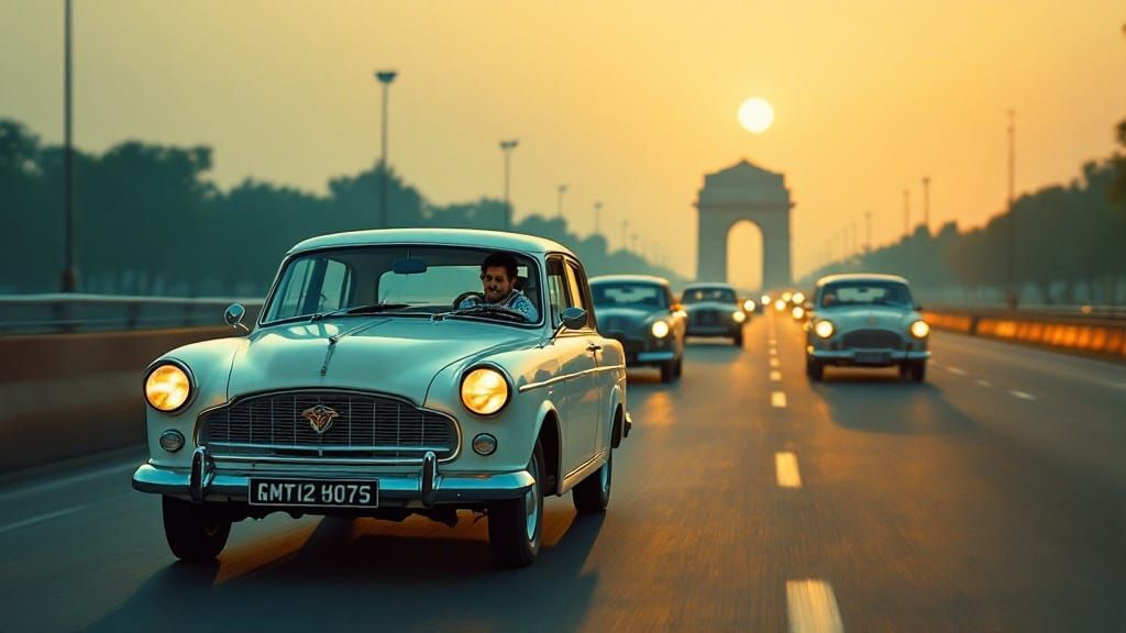 Classic Hindustan Ambassador Car in Golden Hour Light