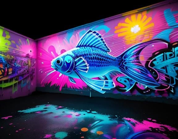 Vibrant Neon Goldfish in Psychedelic Graffiti Art