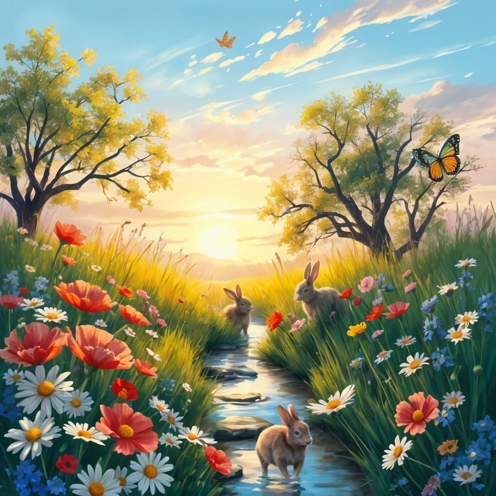 Vibrant Spring Landscape with Wildflowers and Gentle Breeze