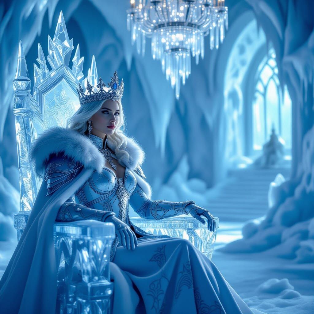 Ice Queen Surveys Frozen Kingdom from Crystalline Throne