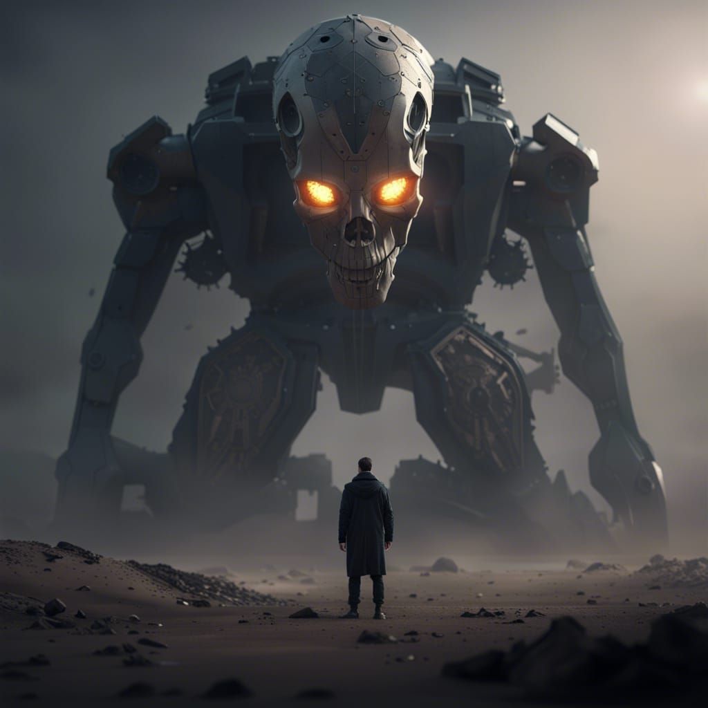 Man Confronts Robot Skull in Cyberpunk Landscape