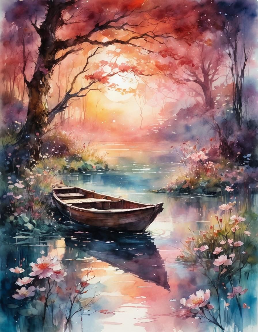 Ethereal Lake Glade: Dreamy Watercolor Art