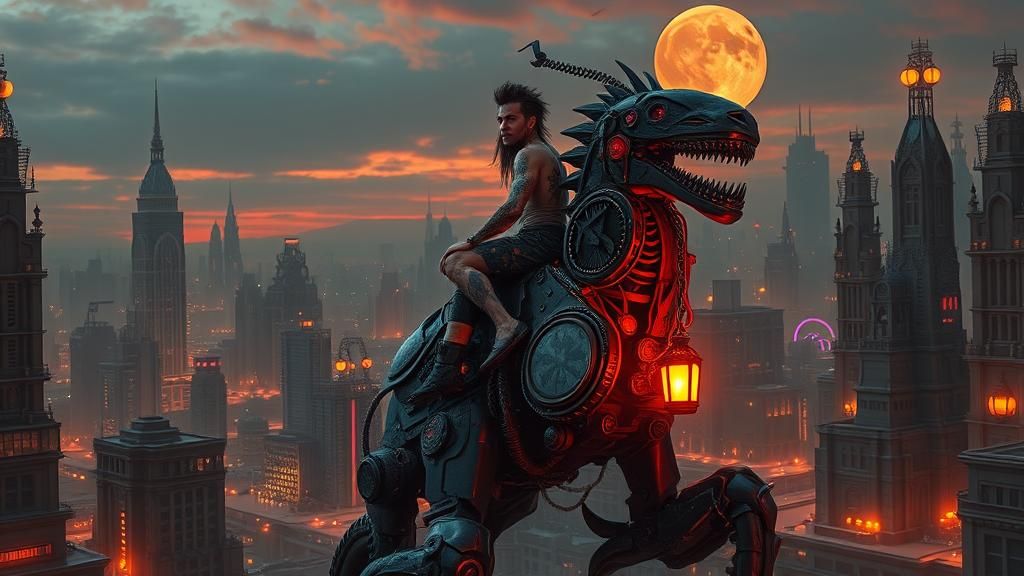 Gothic Sci-Fi Punk Rocker in Dystopian Cityscape
