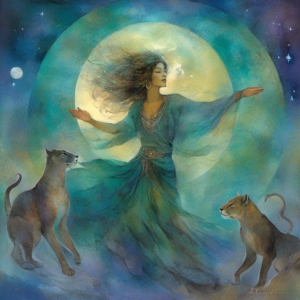 <lora:ArchetypalImagery:1.0> A woman dancing with jaguars un...