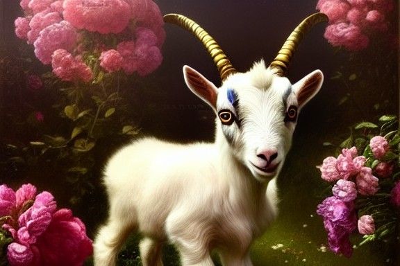 Golden Horned Goat in Floral Garden