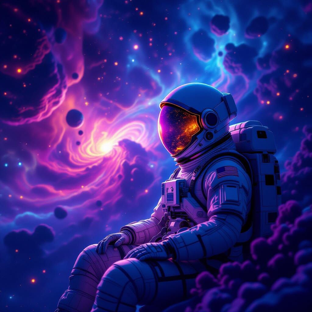 Astronaut Adrift in Cosmic Nebula, Sci-Fi Concept Art