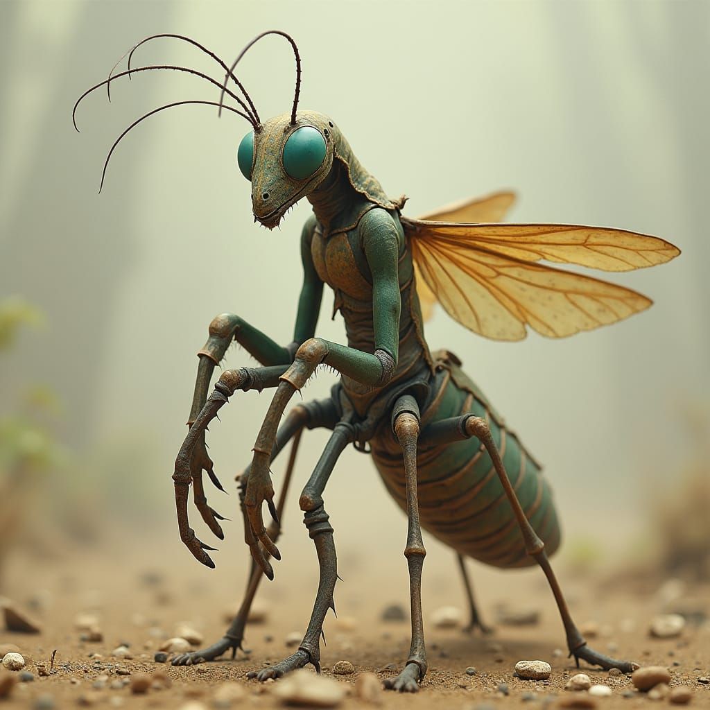 Seven foot Insectoid human hybrid of a human and a praying mantis and an ant.