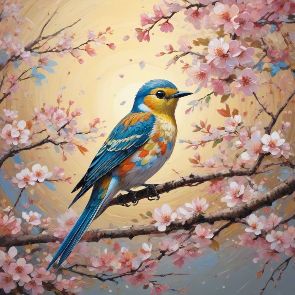 Japanese Blossom Tree Bird in Vibrant Digital Art