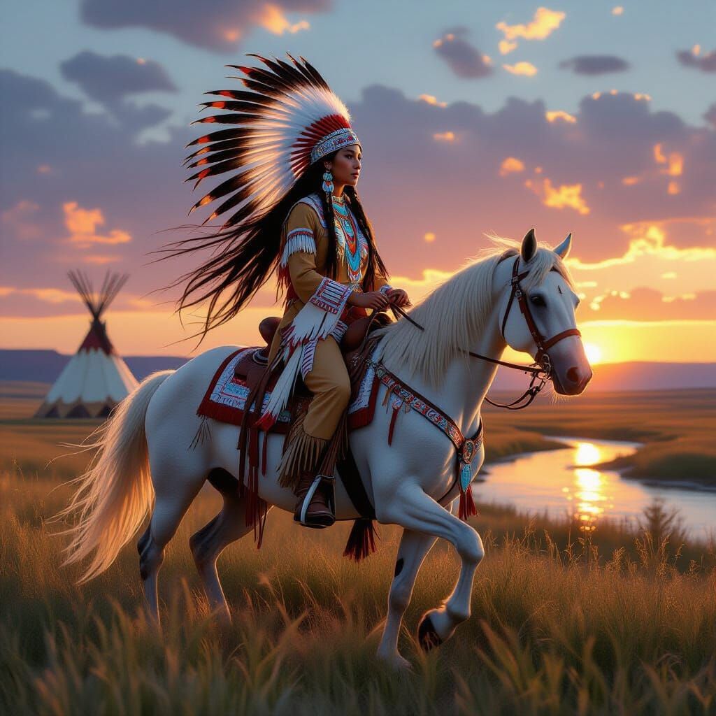 Native American Woman on White Stallion, Digital Art