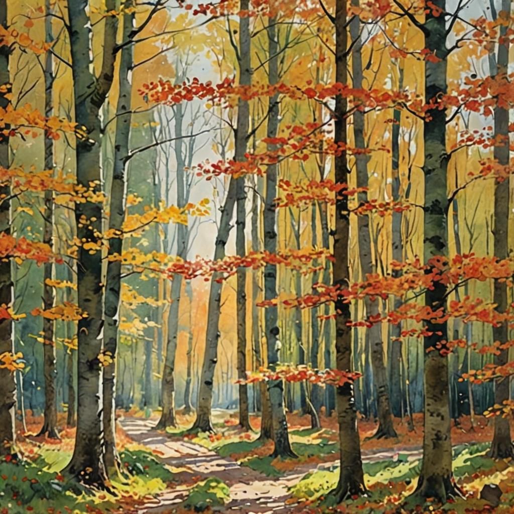 Autumn Forest Landscape in Vibrant Watercolor Style