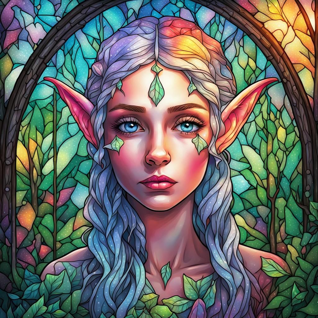 Stained Glass Female Elf Portrait