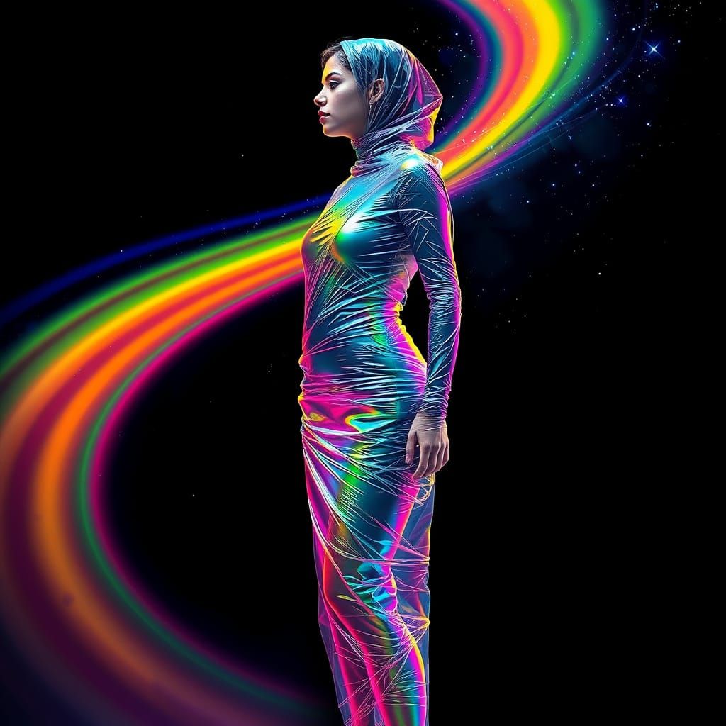 Rainbow Wrapped Goddess in Cosmic Holographic Style