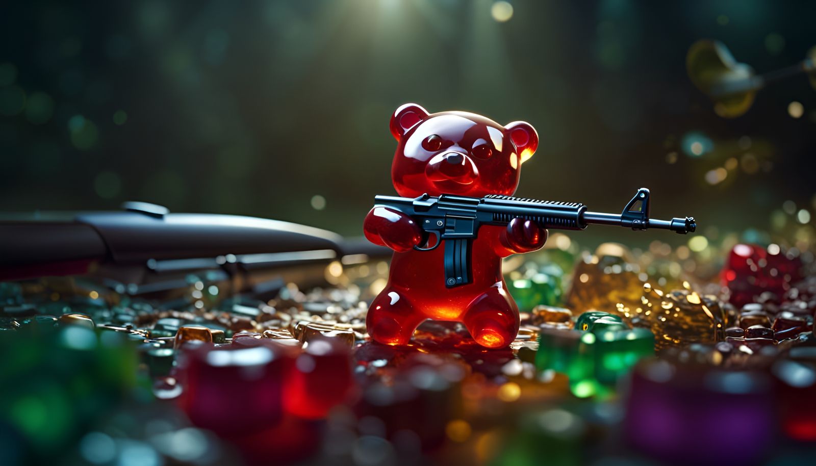 Sinister Gummy Bear with Rifle in 16k Resolution