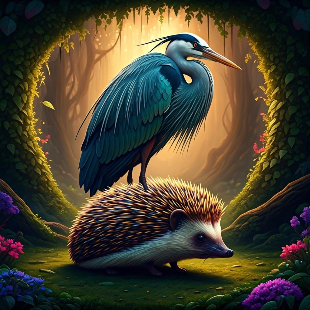 Heron on Hedgehog in Dreamlike Fantasy Landscape