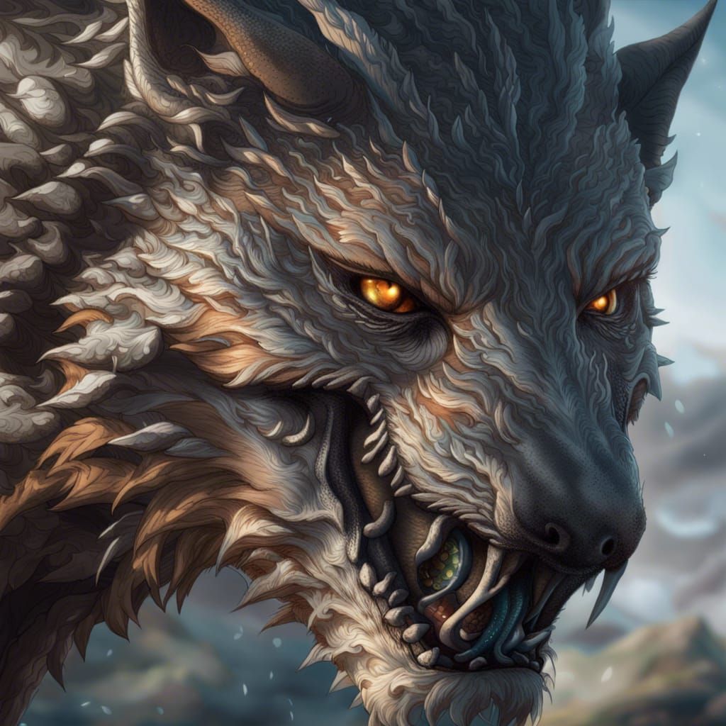 Epic Wolf Dragon Portrait in Anime CGI Style