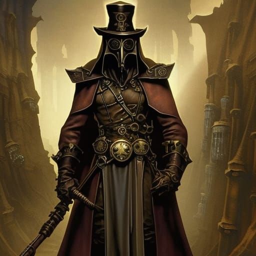 Steampunk Plague Doctor in Subterranean Lair