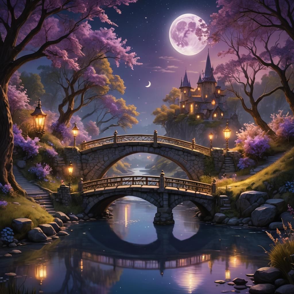 Fantasy Bridge at Night in Dreamy Landscape