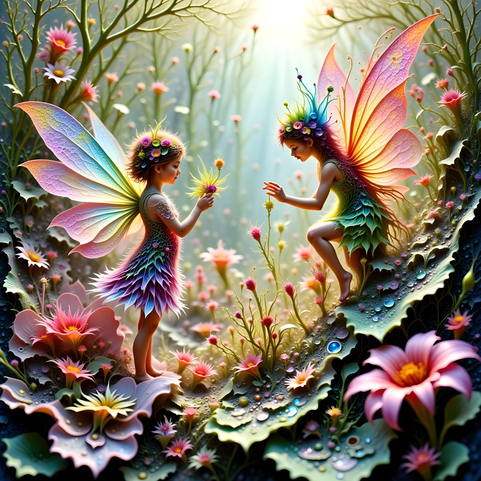 Baby Fairies Painting Flowers in Magical Wonderland
