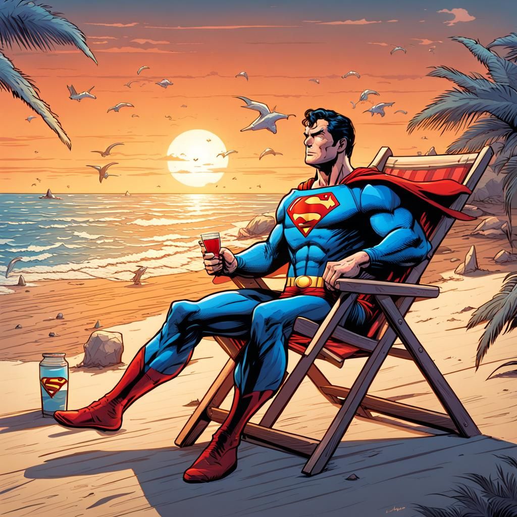 Superman Chilling on a Tropical Beach