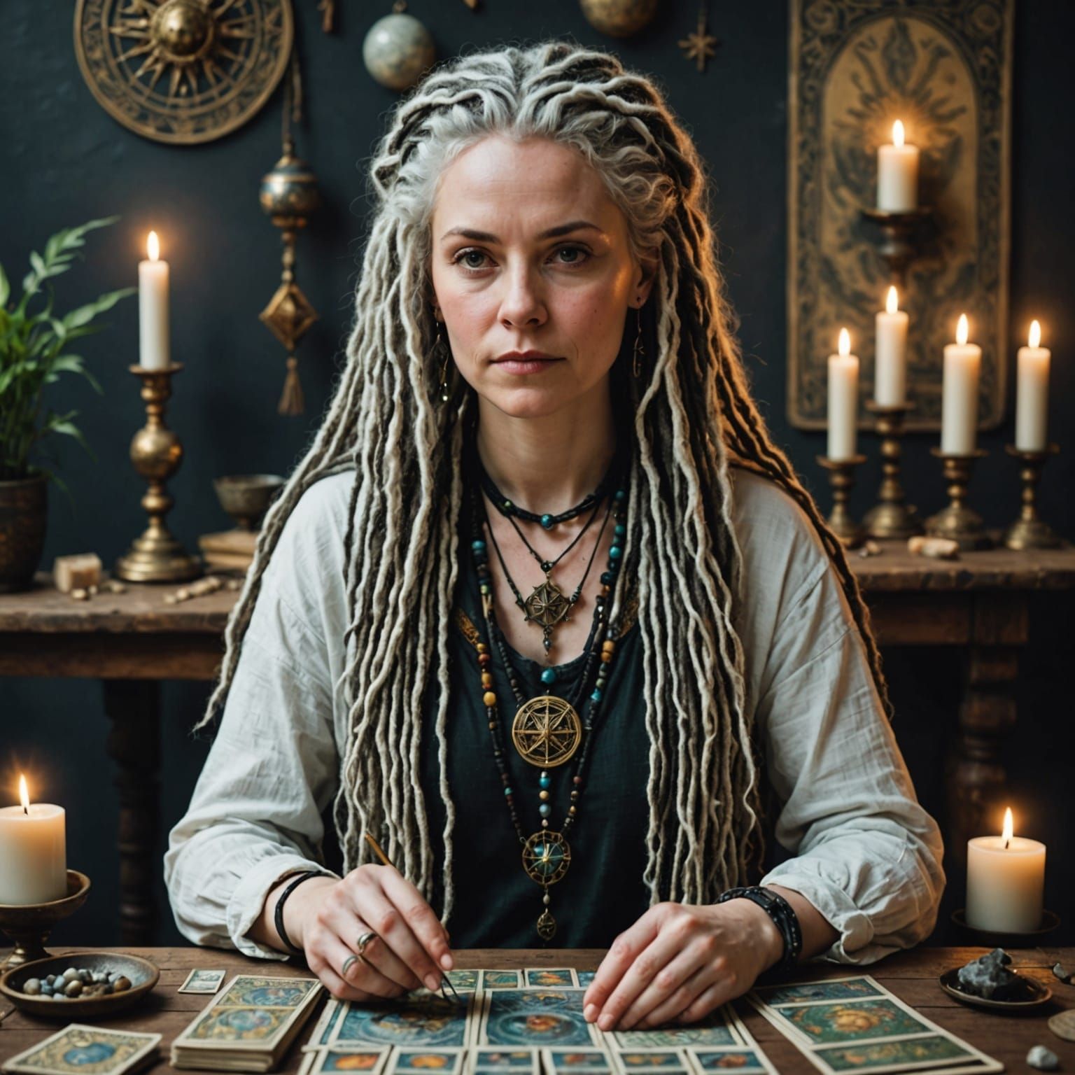 Mystical Woman with Gray Dreadlocks in Tarot Reading